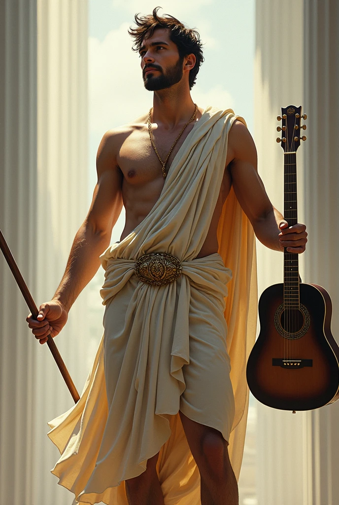 The god Apollo stands holding a guitar on the left hand and a drumstick on the right hand, realistic.