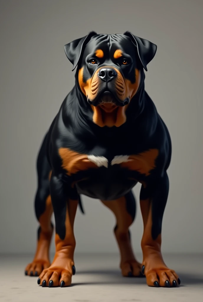 Rottweiler dog both ears straight a little agressive. black eyes black dog golden eyebrows , white around nose , right hand golden, neck golden.