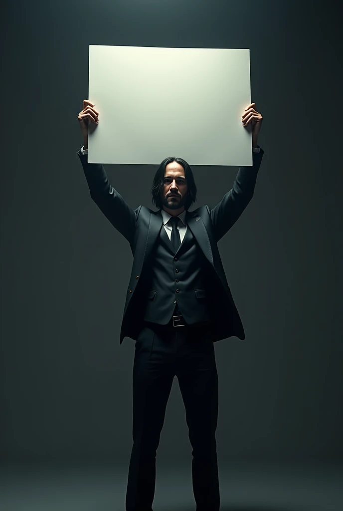 John Wick holding a blank sign with his gead up