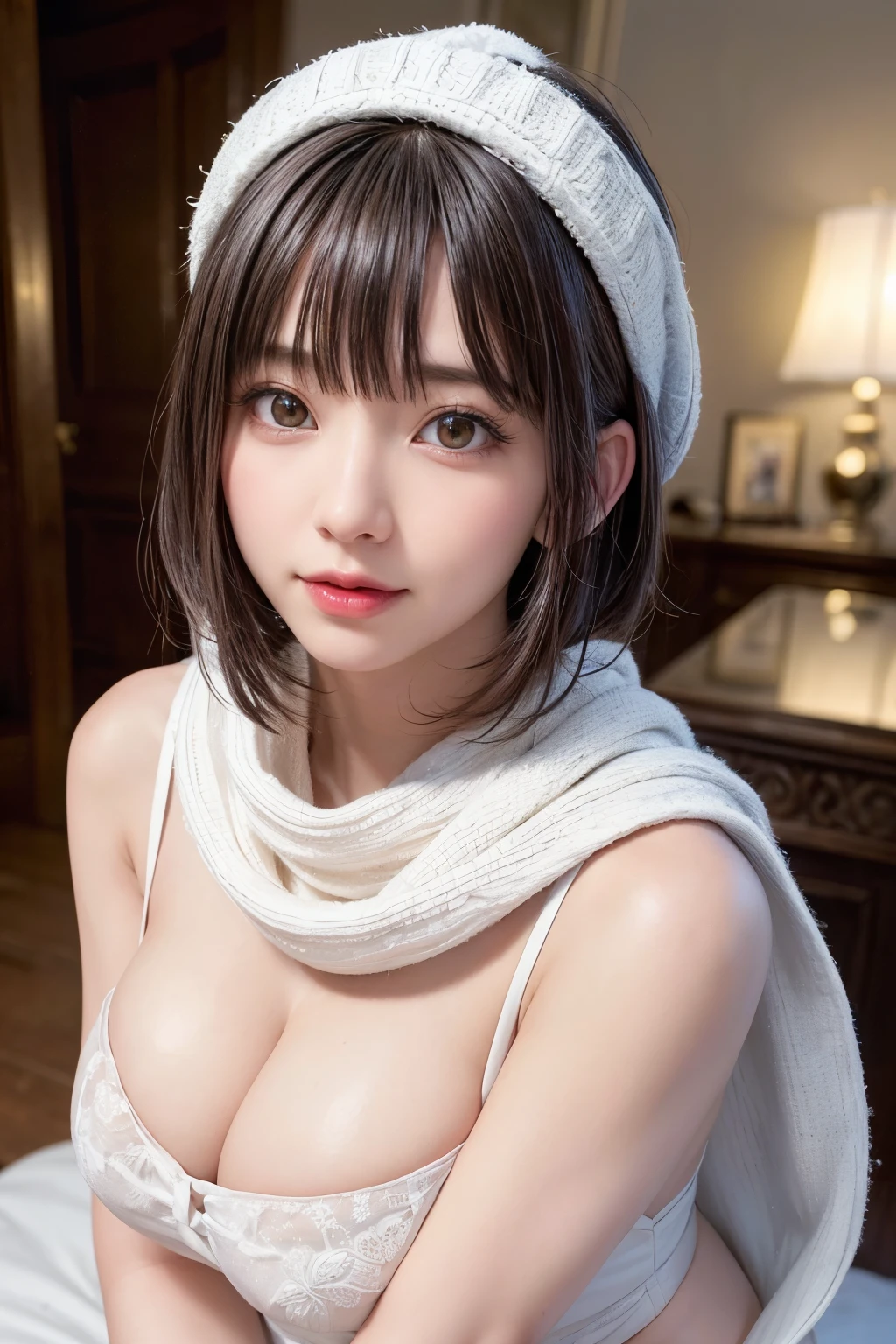 (masterpiece, Highest quality),One Girl, alone, Black-haired, scarf, Have, Realistic, Realistic, Looking at the audience, Light-coloured black eyes, Short brunette bob, Brown coat, Winter clothes, White headscarf, lips, prohibit, Plein Air, Mouth closed, Upper Body、Big eyes、eyelash、((Beautiful landscape with sparkling snow、Large snowflake motif、A beautiful snowy scene with no people around))、(((Short bob hair with bangs、Shiny Hair、Big eyes、large full chest、Highlights the eyes、Gazing at the audience、Beautiful beauty、Listen carefully、Long neck、Laugh a little、Please close your mouth and laugh、Ideal body type)))、{Huge|big|Hugeな|Mega} chest:2, chestの谷間:2、Very cute smile