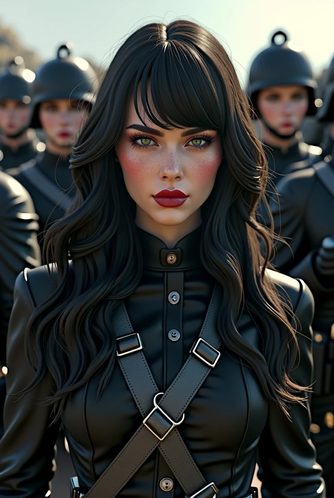 A pretty woman, long wavy hair with a fringe covering her forehead, eyes grey like metal, pale chick, splattered nose. Black military uniform with all his weapons equipment ready in front of an entire army in a military salute.breasts, fringe, black hair, depth of field, bright pupils, serious, Red lips, pale, determined, Plano americano, 3D rendering, Long hair, blush, Chapped lips, make-up, gradient eyes,