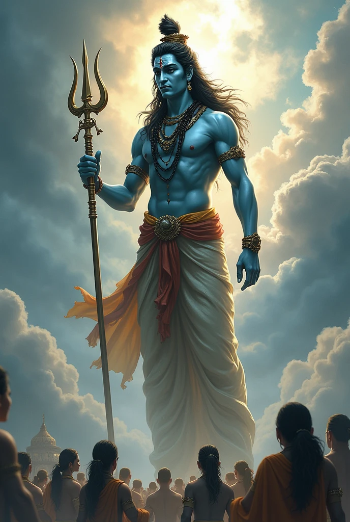 Happy smart shiv bhagwan, in one hand trishool, second hand showing to humans hand, shiv bhagwan have only two hands and humans are very small and couples humans are wanting to shiv bhagwan and with background and shiv bhagwan is looking to humans