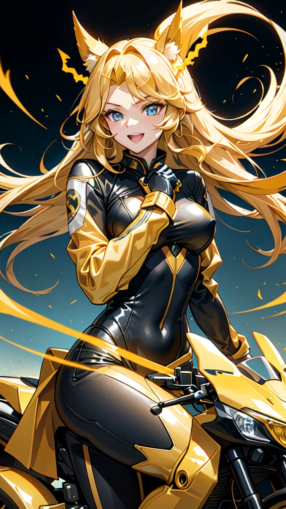 1 person,woman,((Long Hair)),((Full Bang)),((The tips of the hair spread)),((Golden Hair)),((Dark blue ribbon on right ear)),((Golden Flame)), ((Golden Flameの渦)),wallpaper, Wind景,Depth of written boundary, night, Particles of light, light, Side light, Thighs,****, cloud,Gaze, Large Breasts, Light blue eyes, Horse ears, Bright smile,Open your mouth,Wind,((Rides a big yellow motorcycle)),((vehicle)),((Driving)),((Straddle)),((Yellow Riders Jacket)),((Black rider pants)),
