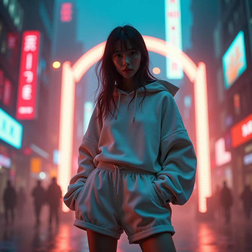Masterpiece, 4K wallpaper, Masterpiece sci-fi cyberpunk city, fantasy sci-fi, neon glow lights city, ( Subject ( 1girl, A cute japanese women with beautiful hair, wearing an youth stylist oversized hoodie fashion, yellow, black and white stylist fashion, jumper hoodie and short solid cotton trousers, the hoodie stylist masterpiece.))
( Pose (Relaxed, with dance pose, masterpiece. Medium breast.))
( Setting (ultra realistic, sci-fi theme, A mystic environment, cyberpunk city with neon glow lights and a glow light portal.))
( Face ( absolute detail of face masterpiece, detail skin pores masterpiece, oil skinny, beautiful japanese girl, detail of face.))
( Perfect human body, perfect human fingers)
( Lighting (Dramatic side lighting with a warm and cool light masterpiece, sunlit glow and light rays, masterpiece object lighting and detail.))
(detail of wearing masterpiece), rahnday style photography, the sense of photography), sea art infinity.
( Style (Hyper-realistic, cinematic, with a focus on detail and texture, octan render 4K quality masterpiece.))
( Technical Specifications (Shot from a medium long shot, below-up perspective, with a Fujifilm XT-4 with Fujinon 50mm lens at f/1.2.))
(((Additional Notes)
( Focus on Key Elements (Emphasize the woman, her clothing, and the dramatic city backdrop.))
( Visual Effects (Include cinematic grains, falling glow particles, and a blurred background with fog.))