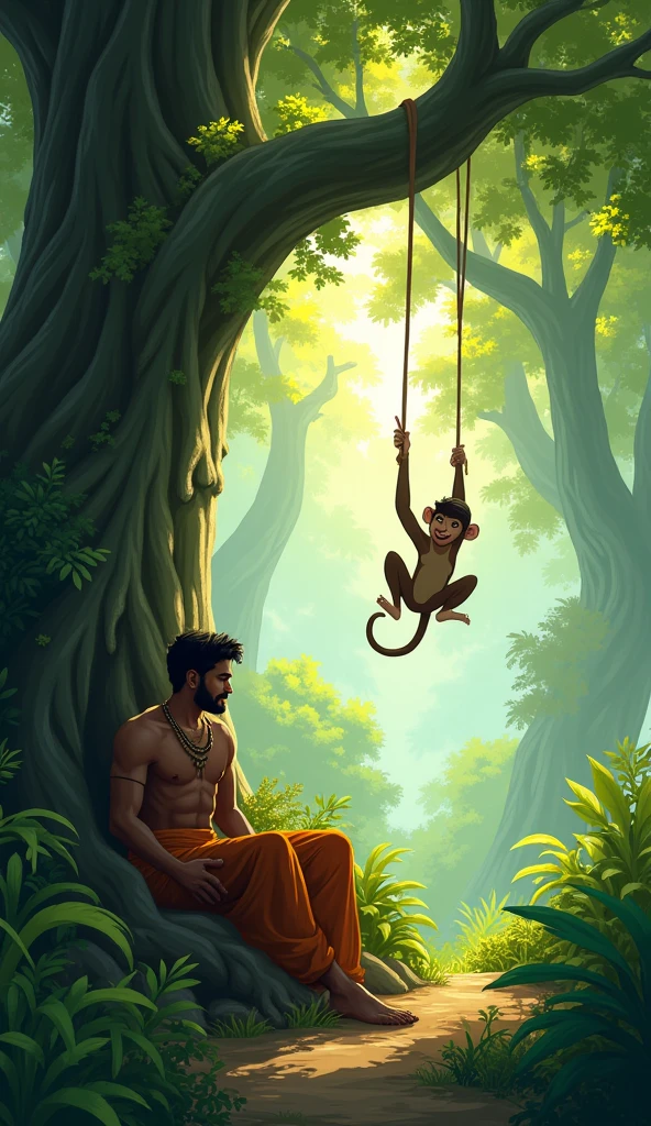 A wider view of the jungle, showing Arjun and Kavi from a distance. Arjun is lying peacefully near the massive roots of the banyan tree, while Kavi is hanging from a branch, swinging playfully. The jungle around them is lush and green, with beams of sunlight piercing through the canopy, creating a tranquil and harmonious atmosphere despite the monkey's mischief.