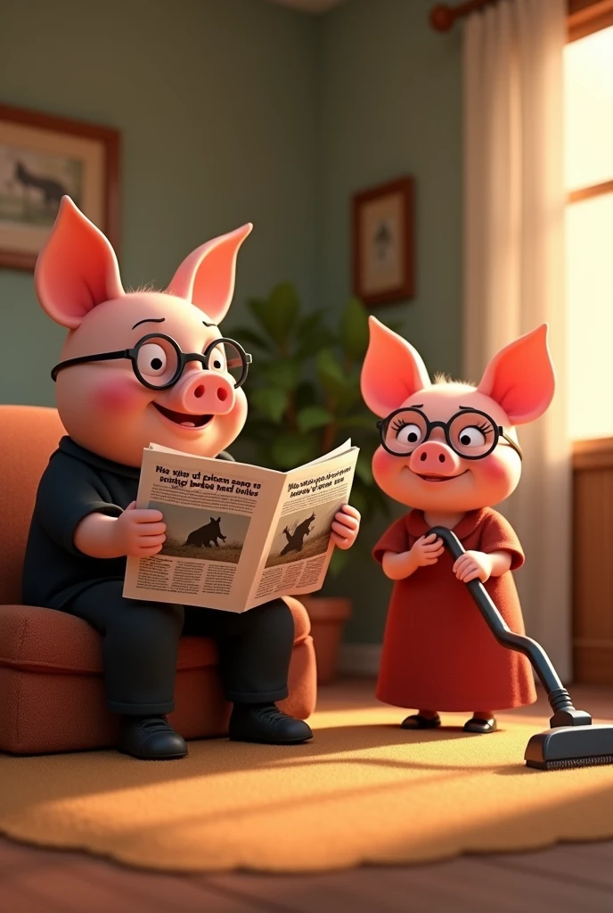 pixar style, 3d, 2 pigs, 1 cute father pig is on the left wearing glasses, black shirt and black pants is sitting on the couch reading newspaper. On the newspaper there is a photo of a big bad wolf and the headline reads "BAD WOLF SPOTTED". On the right is 1 cute mother pig wearing glasses and long red dress is using the vacuum cleaner to clean the carpet, both are smiling and looking to the right, game button art, Game illustration, lovely digital painting, artstation for kids art, Official artwork, key art, mobile game art, cover game art, zootopia concept art, (soft lighting:1.3), (green and earthy color scheme:1.3), (highly detailed), (ultra quality:1.3), (masterpiece), (digital art), 8K resolution, HDR, depth of field, (soft shadows), (photorealistic:1.3), (animation:1.2), (by Greg Rutkowski:0.9), (in the style of Alphonse Mucha), trending on ArtStation, award-winning art, 3d style
