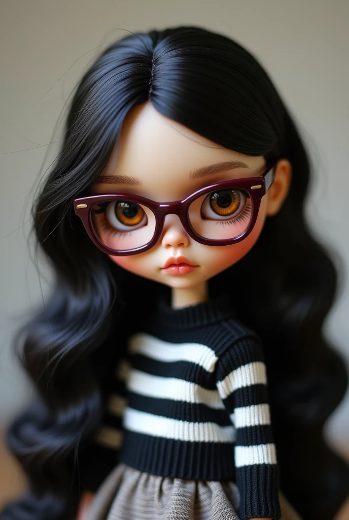 blythe doll , long wavy black hair , Brown eyes , light brown skin , maroon glasses , black and white striped sweater