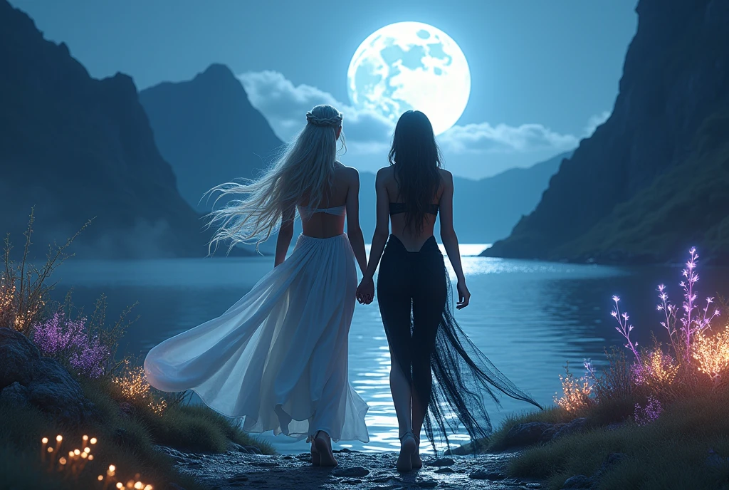 (masterpiece:1.8), (extremely high-quality:1.8), (photorealism:1.8), (8K ultra high definition:1.8), (cinematic lighting:1.6), (dramatic moonlight:1.6), a breathtaking, photorealistic fantasy world where reality blurs and magic reigns supreme, two powerful female characters walking towards a mystical lake under the full moon, with towering dark mountains in the background, moonlight reflecting on the serene water creating an epic atmosphere. (Nordic warrior goddess:1.8) with long braided blonde hair, radiant blue eyes, curvaceous athletic figure, (ethereal silk garment:1.7) flowing, exuding divine power. (Divine sorceress:1.8) with medium brown skin, glowing purple eyes, voluptuous and perfectly sculpted body, (black ethereal attire:1.7) highlighting every curve, casting a magical aura. Luminous fairies and glowing plants add a mystical touch, surrounding the characters. The scene is filled with soft, multicolored glows, enhancing the mystery, romance, and fantasy of an epic tale, with perfect detail in facial features, hands, and feet, reflecting their divine power and seductive grace.
