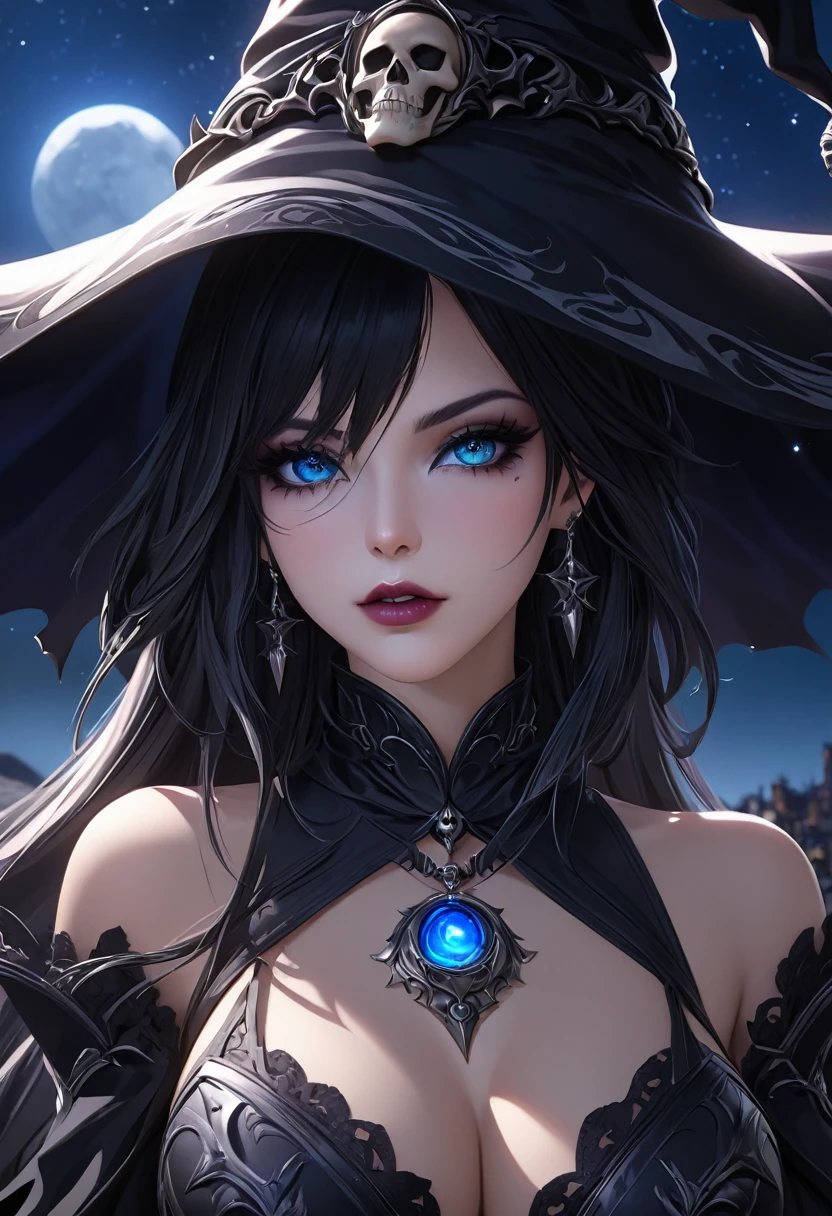 Super close-up,(very detailed CG Unity 8k wallpaper), (masterpiece), (highest quality), (very detailed), (best illustration), (best shadow), (sharp eyeliner, eyeshadow, detailed eyes: 1.1), (skullmake, night sky, :1.1), break,(Wizard of Darkness:1.1),sexy and beauty lips