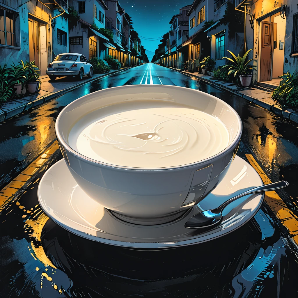 bowl of milk on the road, white saucer, milk, macro, close-up,
tropics, night, graphic style of novel comics, 2d, 8k, hyperrealism, masterpiece, high resolution, best quality, ultra-detailed, super realistic, Hyperrealistic art, high-quality, ultra high res, highest detailed, lot of details, Extremely high-resolution details, incredibly lifelike, colourful, soft cinematic light,