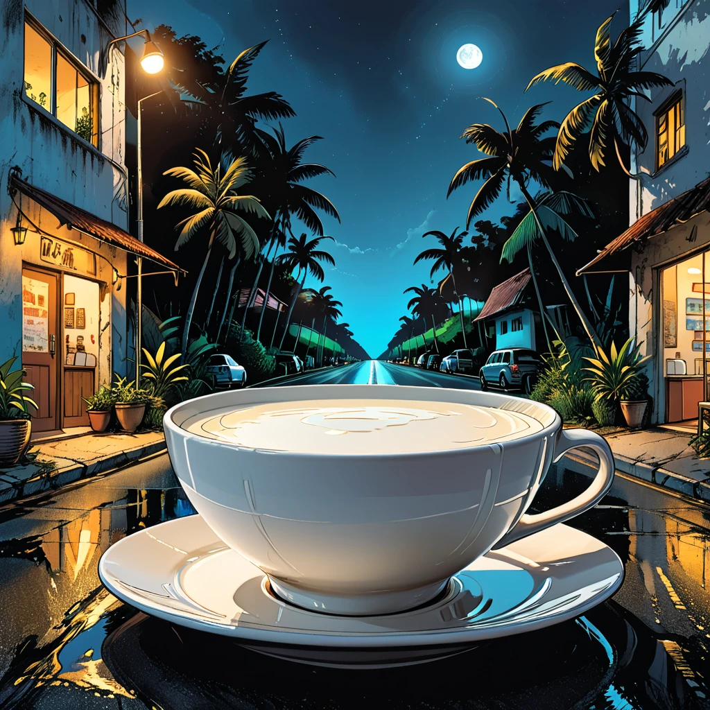 bowl of milk on the road, white saucer, milk, macro, close-up,
tropics, night, graphic style of novel comics, 2d, 8k, hyperrealism, masterpiece, high resolution, best quality, ultra-detailed, super realistic, Hyperrealistic art, high-quality, ultra high res, highest detailed, lot of details, Extremely high-resolution details, incredibly lifelike, colourful, soft cinematic light,
