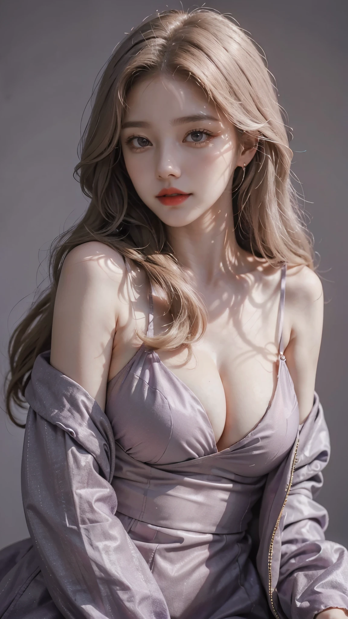 Girl wearing, luxury purple coat, shoulder length hair, wavy hair, glowing skin, star in eye, red lips, grey background, cute poses , upper body, light blonde hair, big breast