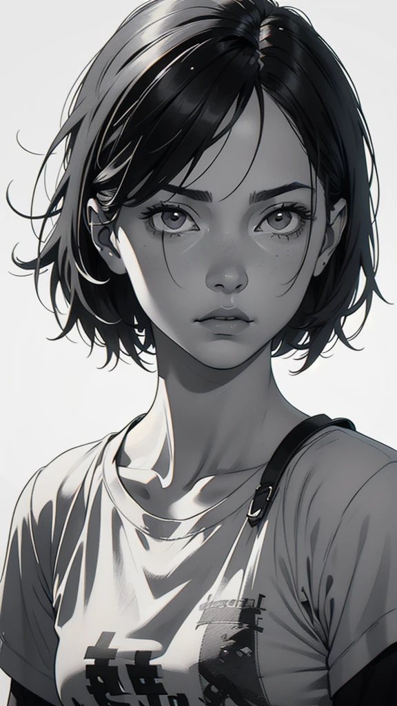 1 boyish girl, solo, sharp eyes, expressionless, monochrome, greyscale, short black hair, portrait, white T-shirt, closed mouth, looking at viewer, graphite \(medium\), detailed lips, hatching \(texture\), without makeup, bangs, upper body, (best illustration), (best quality), (very detailed), (masterpiece), expressionless, perfect lighting,