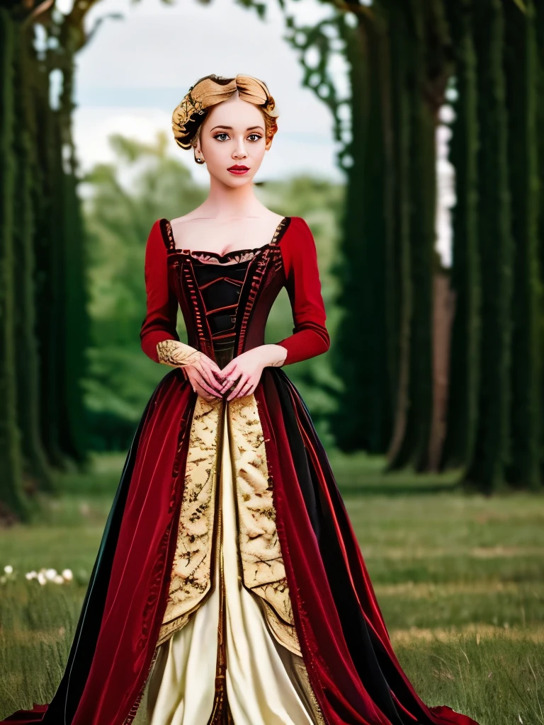 woman in red dress standing in a field of grass with trees, in a red victorian era dress, victorian style costume, in victorian aristocrat, victorian dress, 1 8 8 0 s style, elegant victorian vampire, victorian inspired clothing, red and black costume!!!, vintage gothic gown, inspired by Ivan Kramskoi, with victorian clothing, intricate victorian dress
