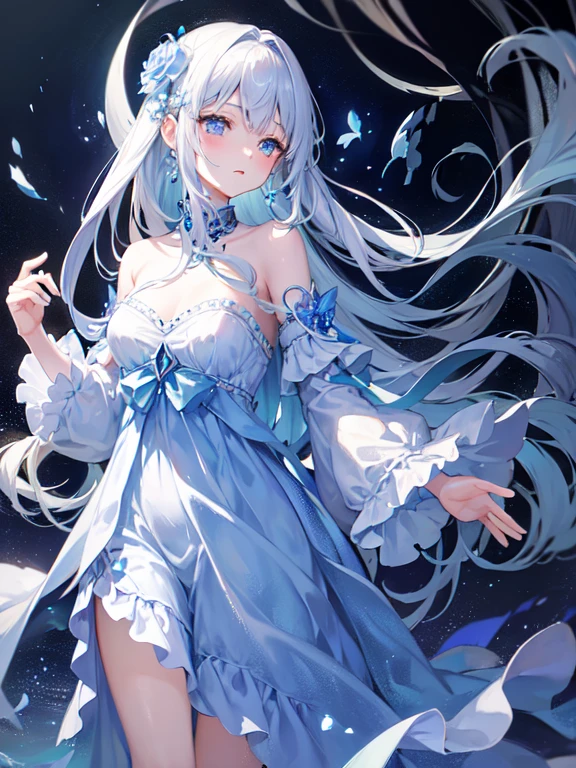 beautiful、ephemeral、Silver Marble Skin、hope、Highest quality、masterpiece、landscape、Magical atmosphere、blue、crystal flower、Extend your hand to the sky、pastel colour、Sunken eyes、General people、Dark atmosphere