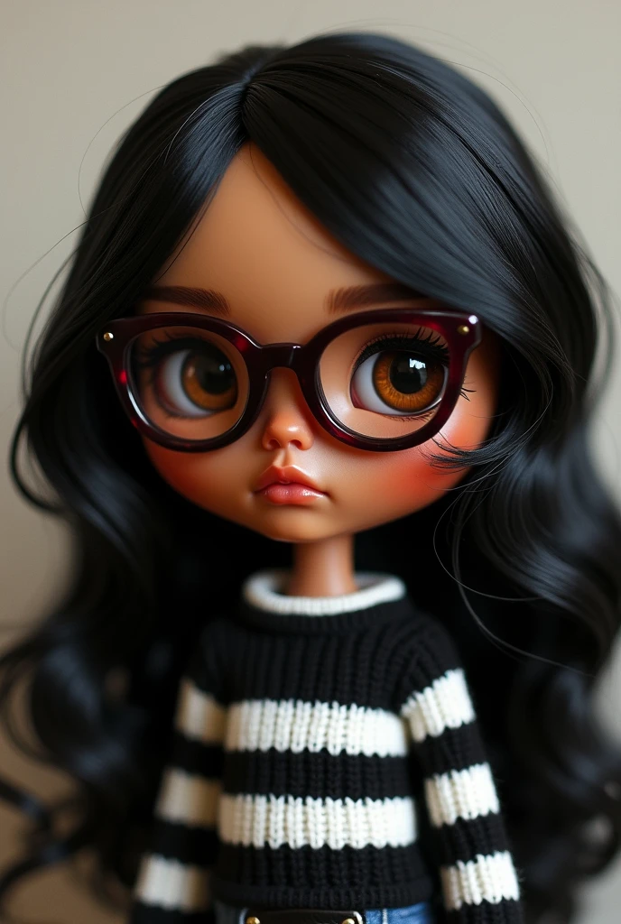 blythe doll , long wavy black hair , Brown eyes , brown skin , maroon glasses , black and white striped sweater
