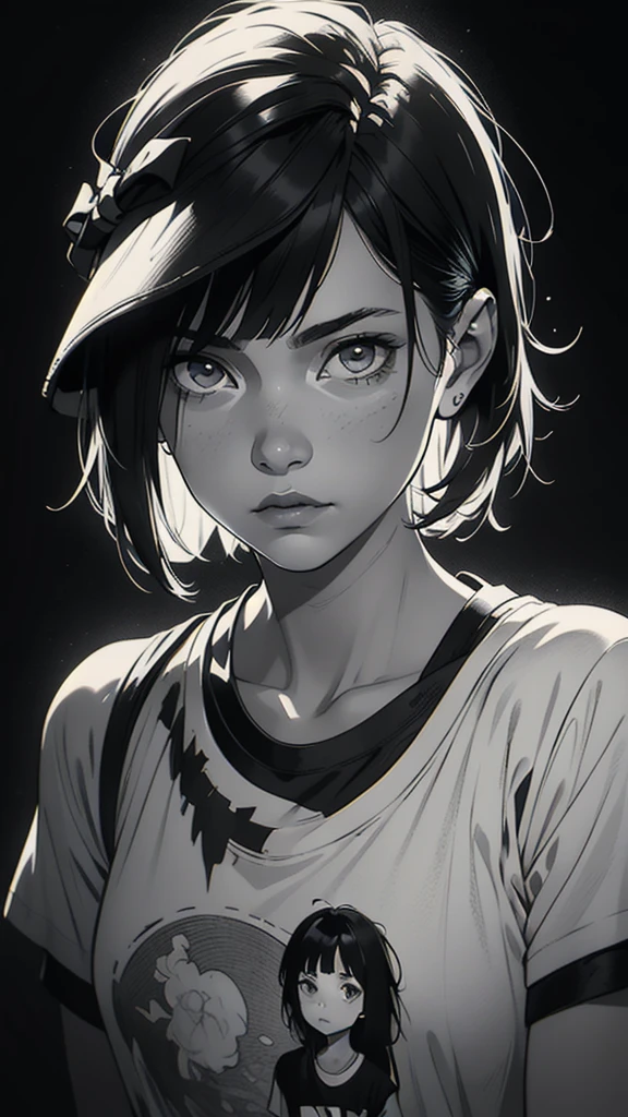 1 boyish girl, solo, sharp eyes, expressionless, monochrome, greyscale, short black hair, portrait, white T-shirt, closed mouth, looking at viewer, graphite \(medium\), detailed lips, hatching \(texture\), without makeup, bangs, upper body, (best illustration), (best quality), (very detailed), (masterpiece), expressionless, perfect lighting,