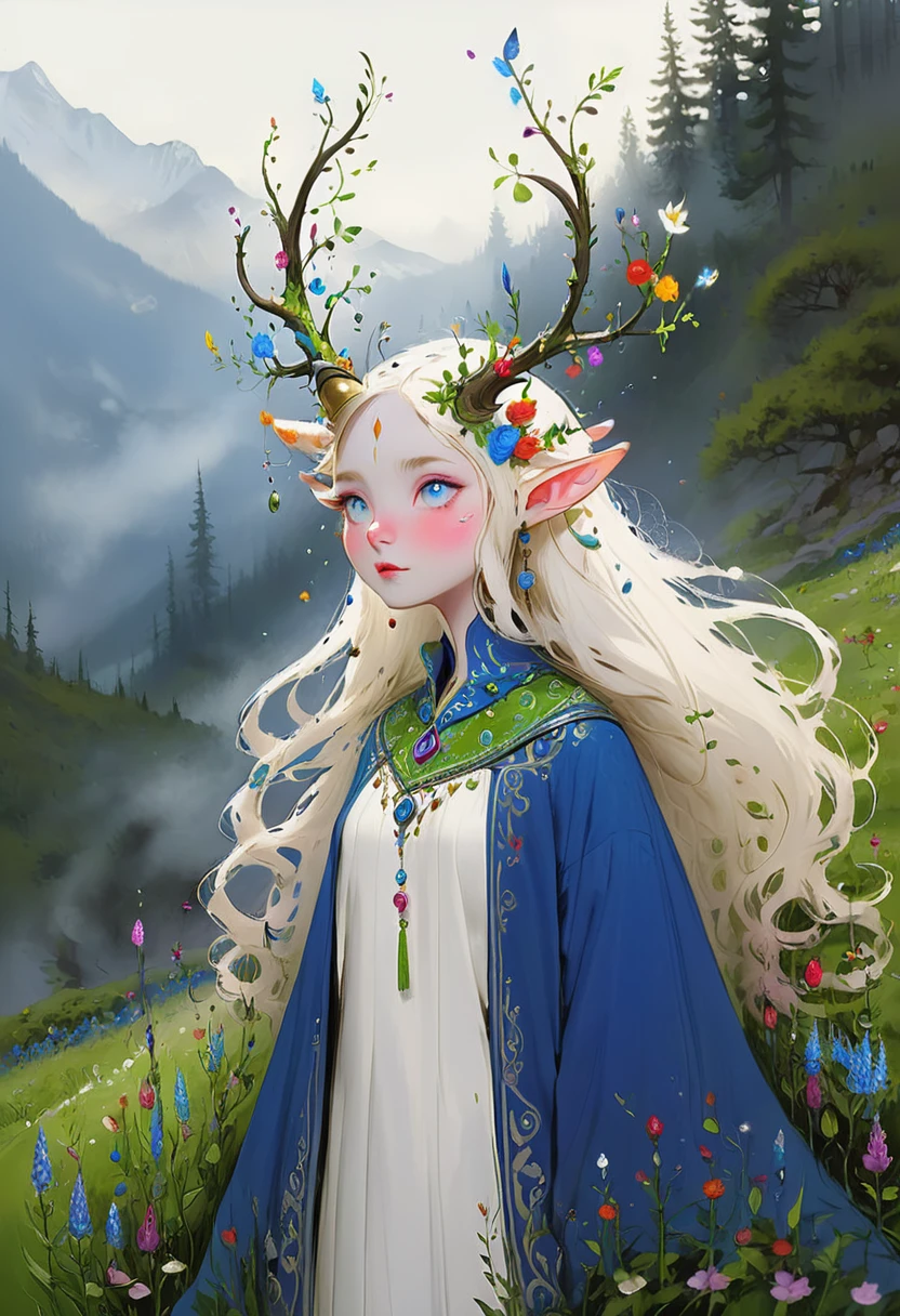 fantastical Bell, blue eyes, horns, pointy ears, antlers, colored skin, white skin with whimsical elements, flowers and swirling magic, eerie fairytale landscape, elaborate fantasy style art, very colorful, intricate details, ultra sharp, exquisite detail, flawless composition, vivid colors, masterpiece, exciting background