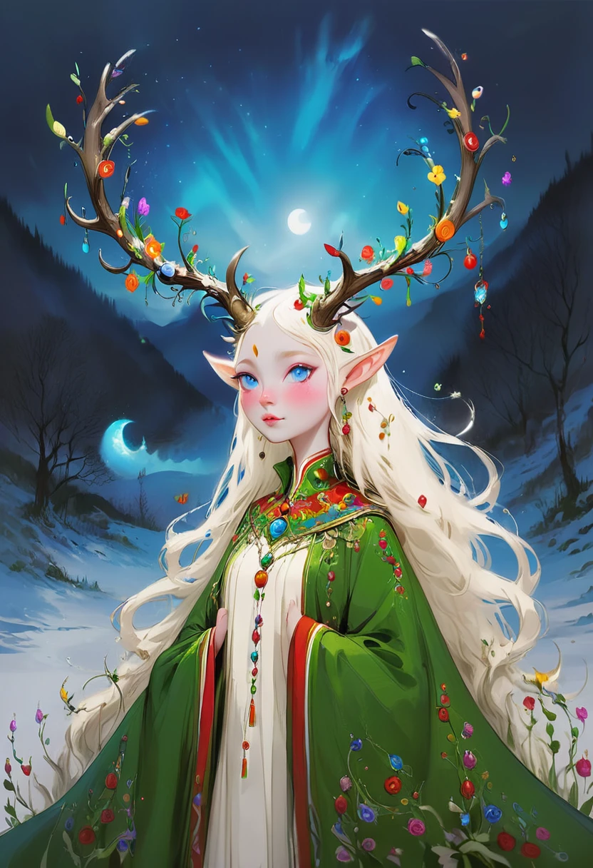 fantastical Bell, blue eyes, horns, pointy ears, antlers, colored skin, white skin with whimsical elements, flowers and swirling magic, eerie fairytale landscape, elaborate fantasy style art, very colorful, intricate details, ultra sharp, exquisite detail, flawless composition, vivid colors, masterpiece, exciting background