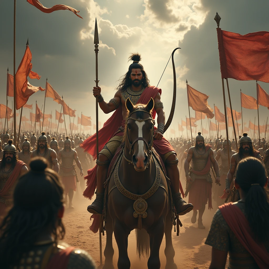 Create a powerful scene on a battlefield where Arjuna, with a distressed and conflicted expression, is standing in his chariot, gazing at the vast army of warriors, both friends and family members. Surround the battlefield with flags of different houses fluttering in the wind, symbolizing the clans involved in the war. The environment is filled with dust and tension, with warriors in traditional armor ready for battle. In the background, depict the crumbling remnants of societal structures, fading images of family traditions, and rituals, signifying the destruction of kuladharma (family duties) and jātidharmāḥ (societal duties). Krishna, standing beside Arjuna, exudes a calm yet serious demeanor, emphasizing the gravity of the situation. The overall atmosphere should convey a sense of impending doom, with dark, stormy skies, adding to the intensity of Arjuna’s inner turmoil.
