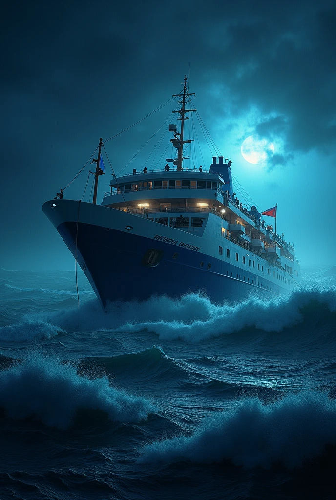 A Passenger Ferry named MV Princess of Philippines with a blue hull and a philippine flag sinking at the hurricane Carina at night
