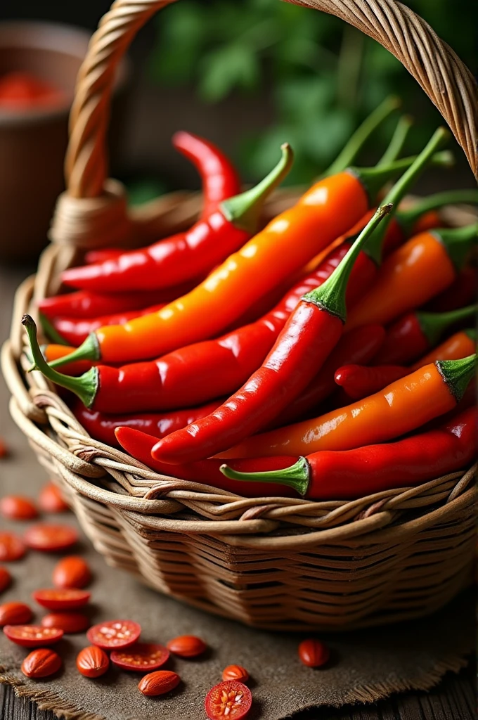 Basket of chili peppers and seeds