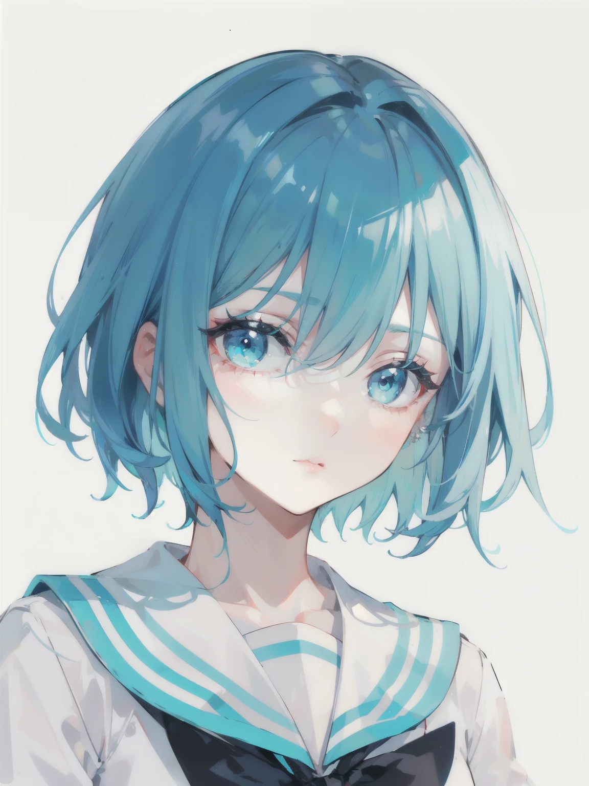 girl, Turquoise Hair, Short Hair for Men, ((Iris)), White Sailor Suit, ((Portraiture))