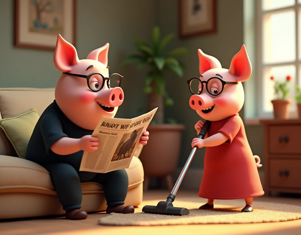 Disney style, 3d, 2 pigs, 1 cute father pig is on the left wearing glasses, black shirt and black pants is sitting on the couch reading newspaper. On the newspaper there is a photo of a big bad wolf and the headline reads "BAD WOLF SPOTTED". On the right is 1 cute mother pig wearing glasses and long red dress is using the vacuum cleaner to clean the carpet, both are smiling and looking to the right, game button art, Game illustration, lovely digital painting, artstation for kids art, Official artwork, key art, mobile game art, cover game art, zootopia concept art, (soft lighting:1.3), (green and earthy color scheme:1.3), (highly detailed), (ultra quality:1.3), (masterpiece), (digital art), 8K resolution, HDR, depth of field, (soft shadows), (photorealistic:1.3), (animation:1.2), (by Greg Rutkowski:0.9), (in the style of Alphonse Mucha), trending on ArtStation, award-winning art, 3d style

