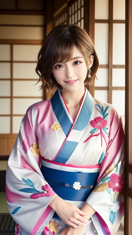 (8k, RAW Photos, Highest quality:1.2), (reality, reality的:1.4), (非常に詳細な8kwallpaper)、Sharp focus, Cinema Lighting, Beautiful eyes in every detail, Asymmetrical bangs, Glowing Skin, Highly detailed skin ,High resolution, Attention to detail, Detailed hairstyle, Ultra detailed face, Detailed lips, Hyper Real, Perfect limbs, Perfect Anatomy ,1 Japanese girl,Famous idols of Japan, Perfect female body,smile,short eyelashes,double eyelid、Look straight here,, whole body ,Tabletop、wallpaper、reality的、Bright lighting、Professional Lighting、Face Light Smooth Lighting、Beautiful woman、action、gravure、Sexy、so beautiful、Beautiful Skin、slim、((short hair))、((Brunette Hair))、Brown eyes、Looking into the camera、Small Bust、Pretty face,, smile, Hot spring background for hot spring inn, 超High resolution, Backlight, Top-down angle、Accurate 5 fingers, software , Bony body, Messy Hair,(High-quality yukata in vibrant colors:1.3), (Gorgeous embroidered kimono:1.3)、(You can see the torii gate.)、(Sit upright on a cushion)、Pull out