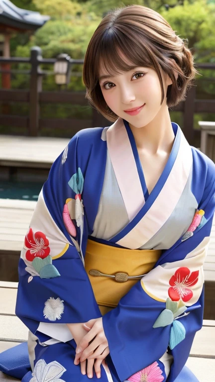 (8k, RAW Photos, Highest quality:1.2), (reality, reality的:1.4), (非常に詳細な8kwallpaper)、Sharp focus, Cinema Lighting, Beautiful eyes in every detail, Asymmetrical bangs, Glowing Skin, Highly detailed skin ,High resolution, Attention to detail, Detailed hairstyle, Ultra detailed face, Detailed lips, Hyper Real, Perfect limbs, Perfect Anatomy ,1 Japanese girl,Famous idols of Japan, Perfect female body,smile,short eyelashes,double eyelid、Look straight here,, whole body ,Tabletop、wallpaper、reality的、Bright lighting、Professional Lighting、Face Light Smooth Lighting、Beautiful woman、action、gravure、Sexy、so beautiful、Beautiful Skin、slim、((short hair))、((Brunette Hair))、Brown eyes、Looking into the camera、Small Bust、Pretty face,, smile, Hot spring background for hot spring inn, 超High resolution, Backlight, Top-down angle、Accurate 5 fingers, software , Bony body, Messy Hair,(High-quality yukata in vibrant colors:1.3), (Gorgeous embroidered kimono:1.3)、(You can see the torii gate.)、(Sit upright on a cushion)、Pull out
