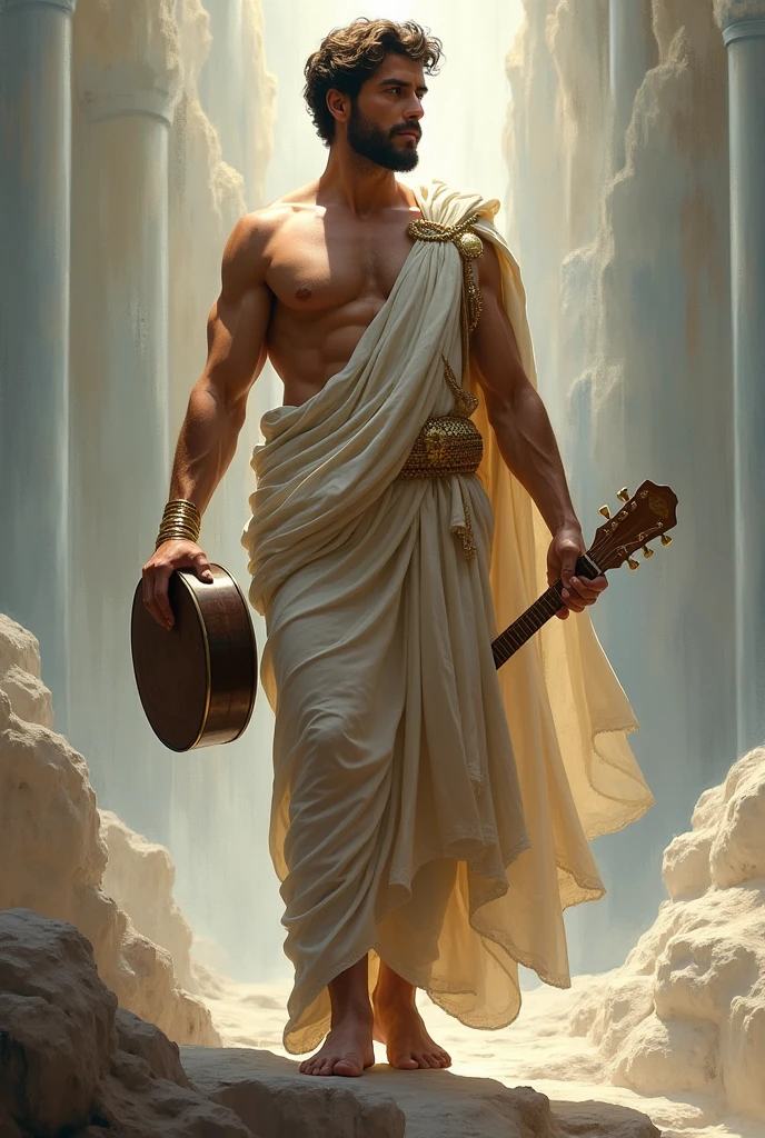 The god Apollo stands holding a guitar on the left hand and a drumstick on the right hand, realistic.