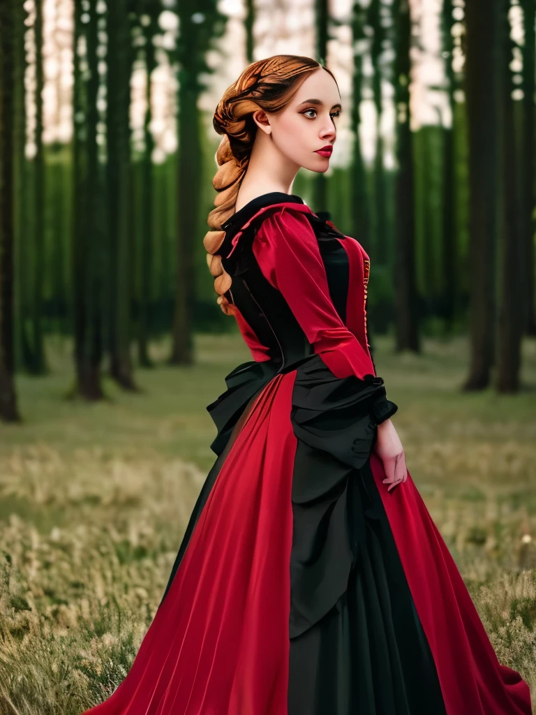 woman in red dress standing in a field of grass with trees, a portrait inspired by Ivan Kramskoi, flickr, rococo, in a red victorian era dress, victorian style costume, in victorian aristocrat, victorian dress, 1 8 8 0 s style, elegant victorian vampire, victorian inspired clothing, red and black costume!!!, vintage gothic gown, with victorian clothing