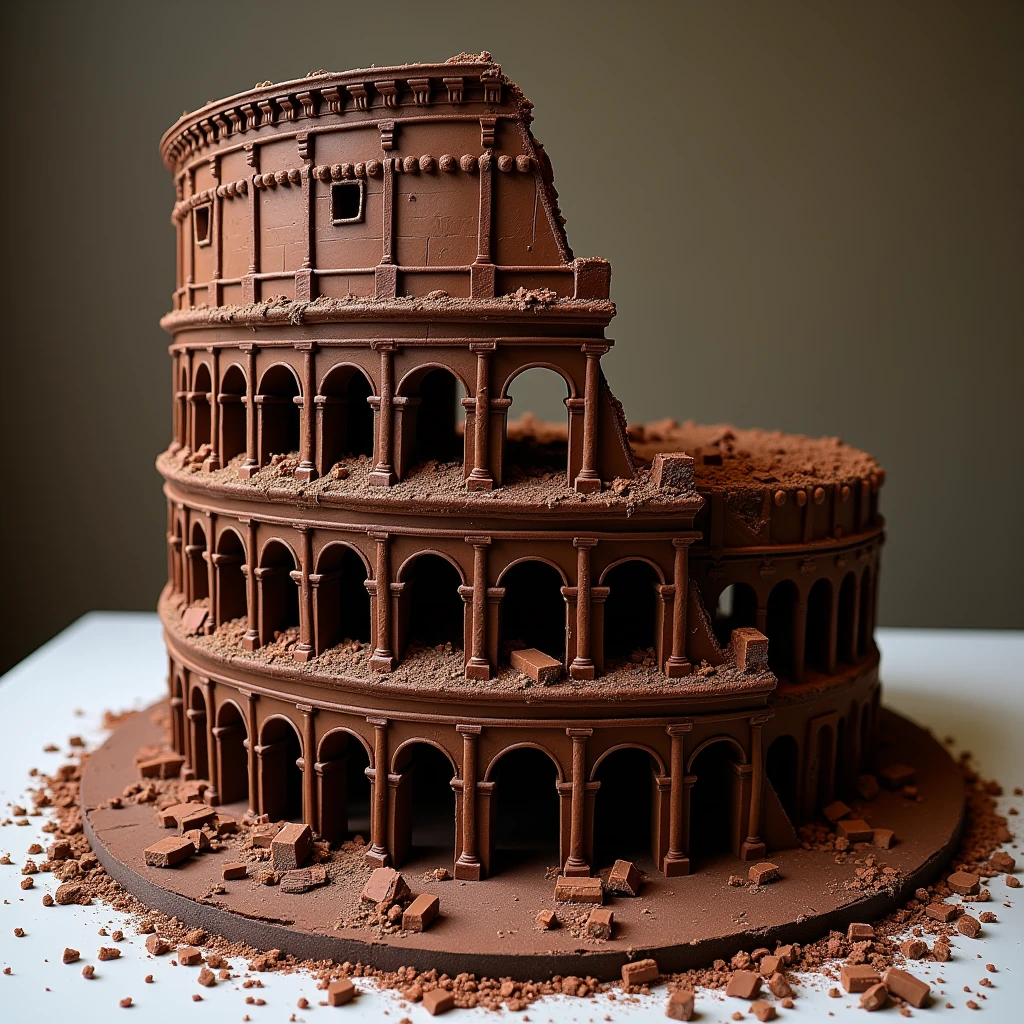 Could you imagine collosseum in italy as a big cake and please keep the real architecture towh chocolates falling outside with the bulinding outside like real life
