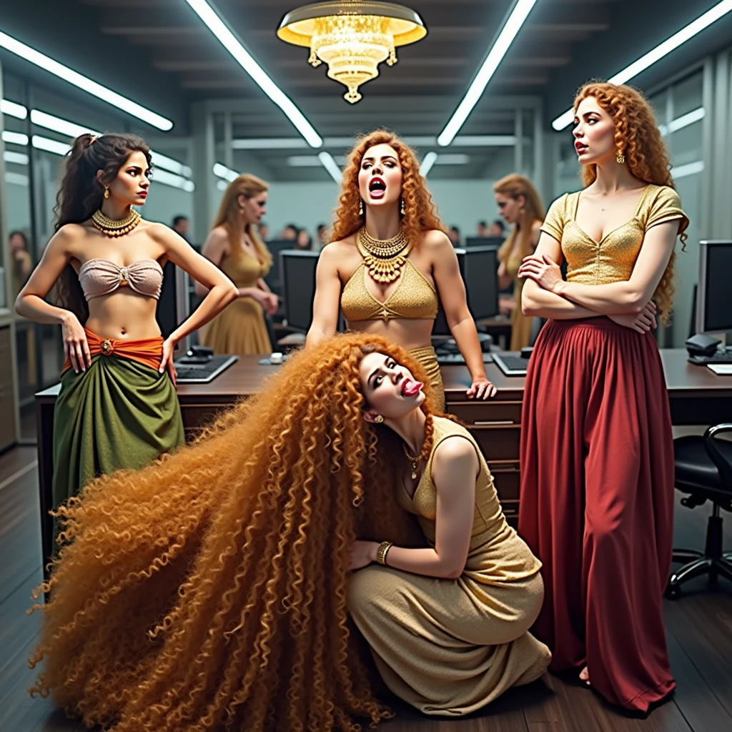 in luxerius office items sorrounded bright lighted modern indian office,a mature indian kneeled with jer unbeliveable 3c curly black with little yellow heavy volumed hair in squat pose very closely to her lesbian very young 1 in age tall sexy girl in saree who got similar 3c curly extreme heavy volumed black hair.she is in low pontail and standing,after the ponytail her hair is become extreme bushy bigger than her body running to the floor.She is taken squat pose lady's yellow hair with hand and checking.Since they do this act,Other office ladies also got errected and playing with their huge breasts pressing them harder to show these two ladies.these all ladies are with dress exactly in as per image prompt,all of them,with their hairs respectively color for the ladies hairs in as per image prompt,their long,meticulaiursly colied until become perfection with shining spills and flows thriugh the floor,red lipsstick,natural tongues pulled out,These all ladies' faces are with showing full of sexual wildness showing out from their faces exact as in image prompt,Their eyes are fullfill with sexual wildness with raping hair as per the imahe prompt,(Show me their tongues,long tongues:1.0) styled with 100000 liters hair oil,hairs like viscus oiled pulp,slick combed hair lines highly visible,{{{{Ladies wears perfect dresses in perfectt busty}}}},{{{{{NSFW}}}}},{{{{{{Hairs highly soaked}}}}}},{{{slick combed hair lines}}}},{{{{Hairlines reflecting shinning like mirrors with water}},{{{{{Showcase full bodies perfect busty breast figures}}}}},{{{{{High resolution perfect color grading}}}}}},{{{Perfect hairs on all ladies exactly in image prompt}}}}}}},((((((((Generate ethnicity as indian sexy build ladies))))))))),((((((Generate wildness poses where shows the wildness of the sexually wildness and extremly extremly wildness in to hair licking by their tongues exatly as image prompt))))