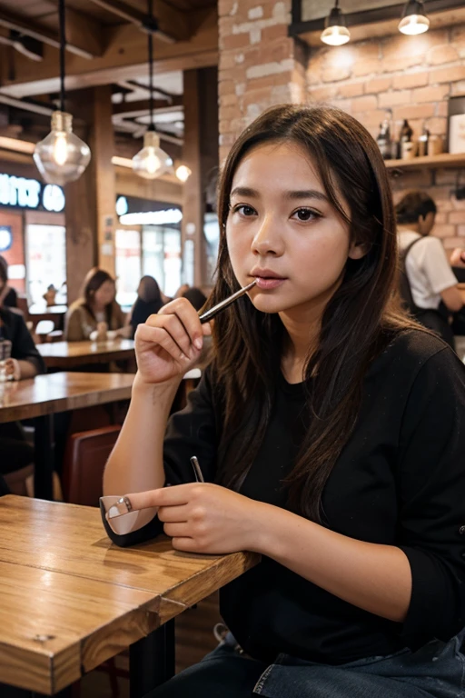 A girl working in a cafe, holding a ballpoint pen in her mouth。It&#39;s raining outside、An image of someone working with their head turned up while thinking about something。