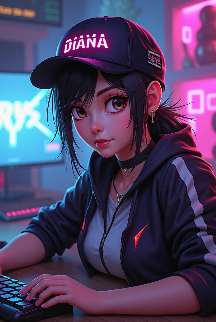 Gamer girl with hair tied back and shaved on the sides, gamer with cap named Diana