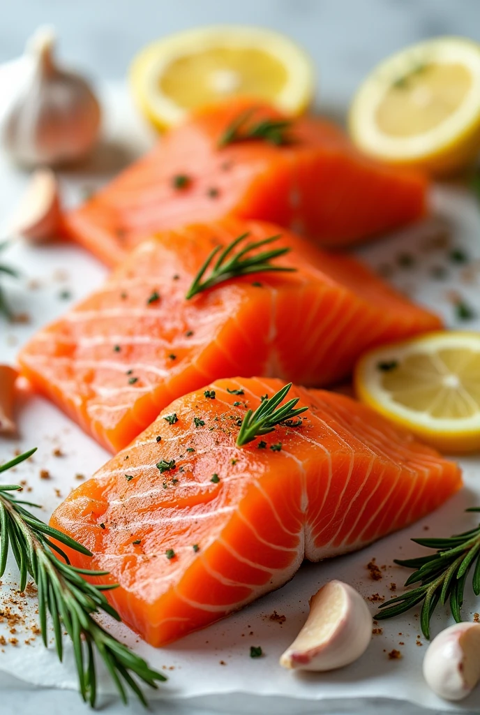 raw salmon fillets with garlic, lemon, rosemary and spices, advertising photos, canon ef 100mm f28l macro is usm lens