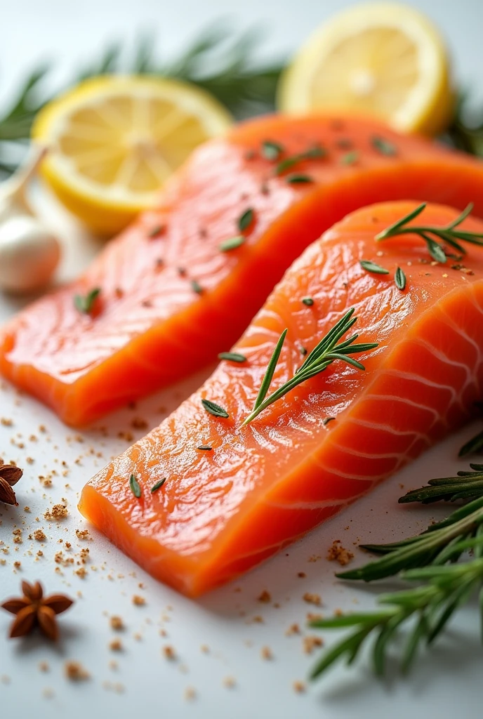 raw salmon fillets with garlic, lemon, rosemary and spices, advertising photos, canon ef 100mm f28l macro is usm lens