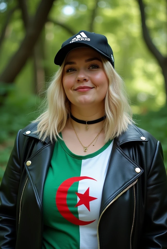 Close up, blonde, plump woman . Wearing a black leather coat, an Adidas hat, a T-shirt with the Algerian flag detailed and tailored in green and white, green nature background 