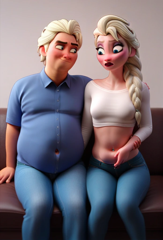 (( 3D, a slim and short Man,a Man pinching elsa's cheeks,A Man pinching and  touching Elsa's Belly )) ,Tall ,slim faced Surprised Elsa,literally gained a plump belly,Trying to wear jeans but they don't fit because she gained put on weight,fullbodyimage,Raised Eyebrows, Plump body,The button on the jeans does not close because of her belly,navel button piercing, Pudgy Belly,sit on the couch,Red Lips,jeans button popping,triangle body shaped,a man touching her belly behind her