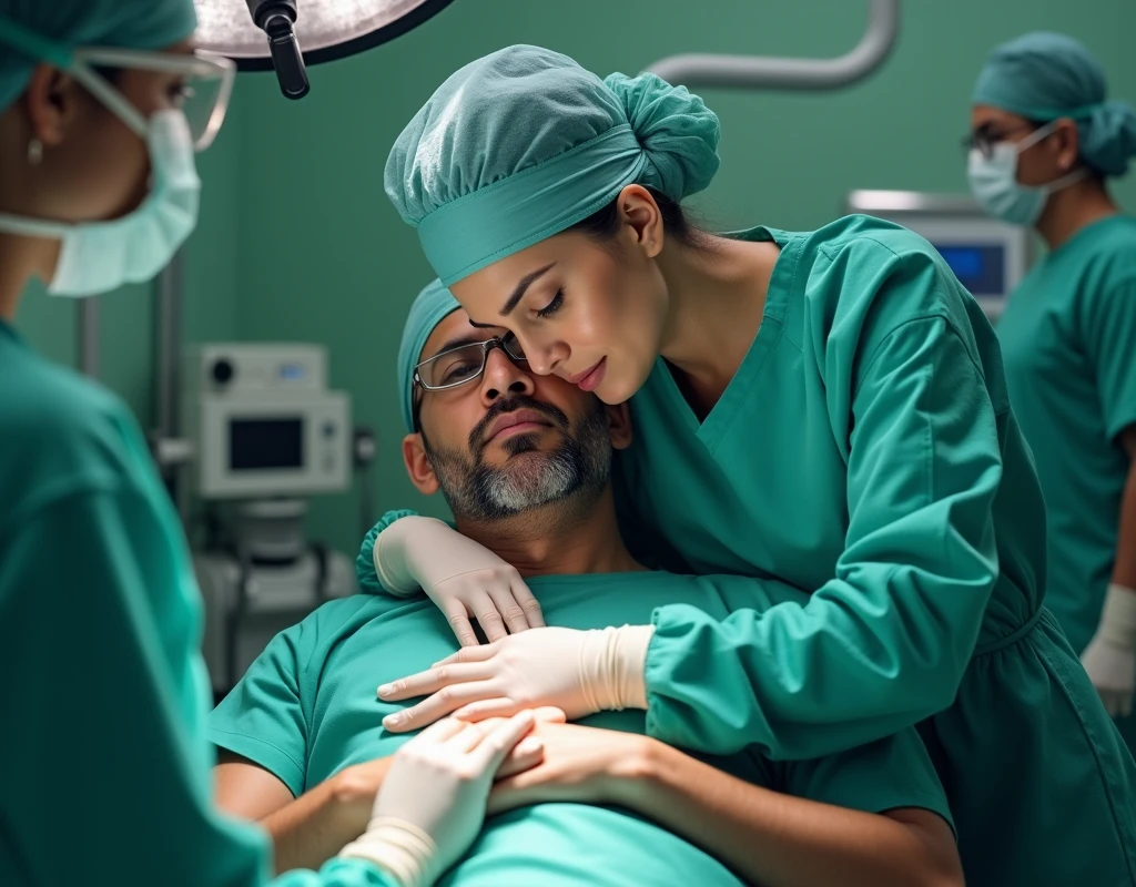 Aishwarya Rai as surgeon, wearing green scrubs, wearing skull cap, wearing surgical glasses, cuddling male patient sitting in operation theatre, fullbody view, topdown view,