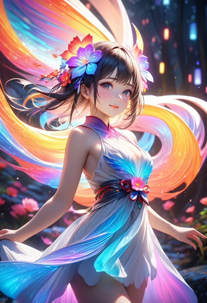 High quality, high resolution, 8K, Ultra HD, best proportion, young and cute Japanese woman, beautiful flowing colorful neon luminous bioflower forming a woman, full depth of field and realistic texture, inviting you to a fantasy world.