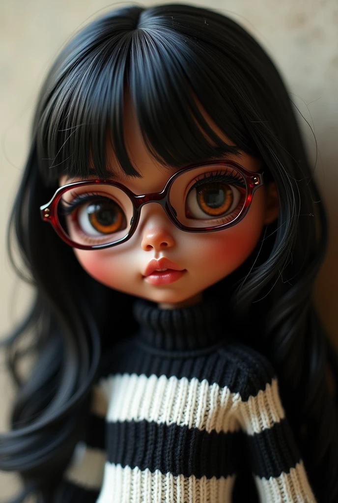 blythe doll , long wavy black hair , Brown eyes , brown skin , maroon glasses , black and white striped sweater
