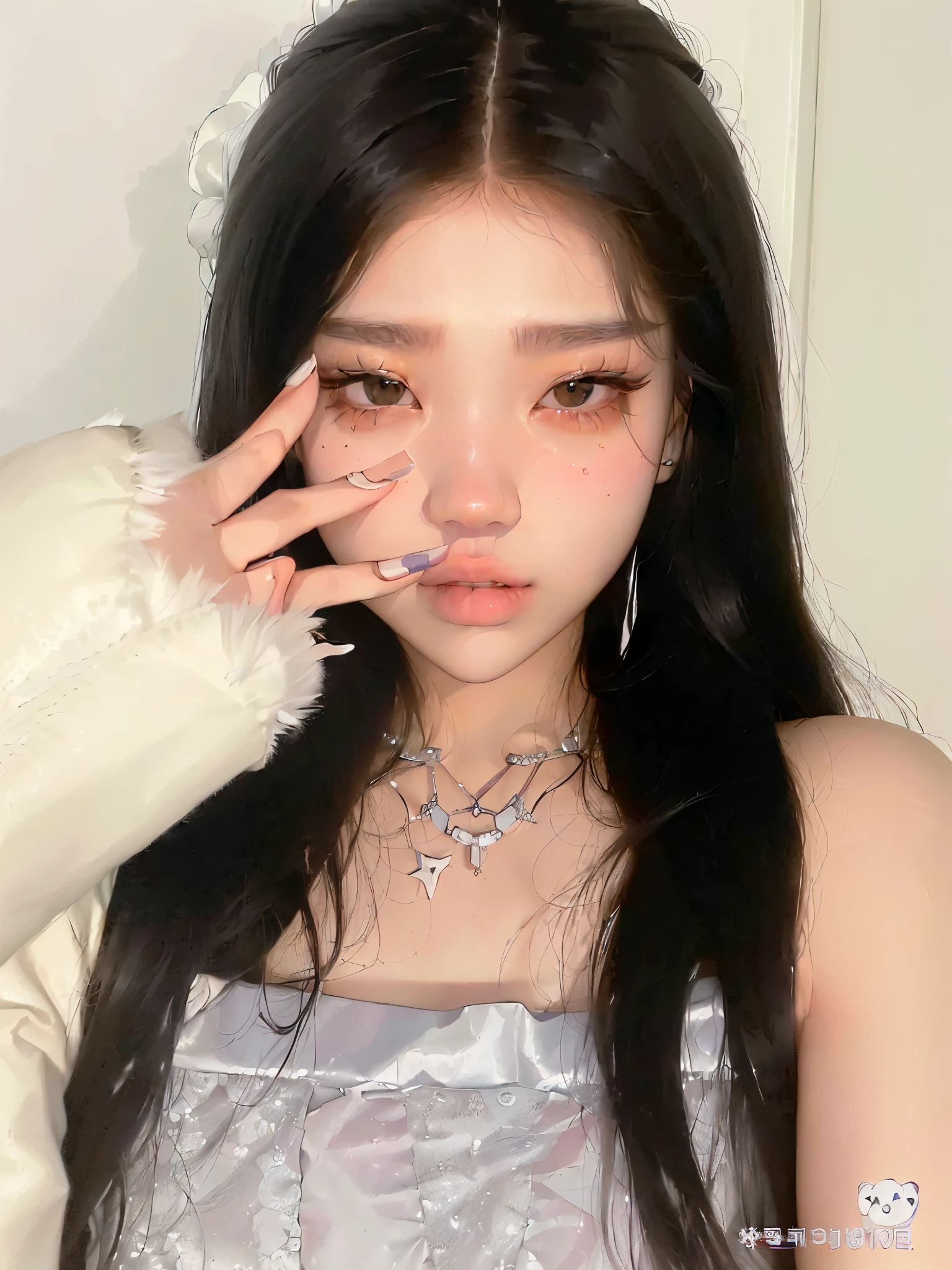 a close up of a woman with long hair and a white teddy bear, cruel korean goth girl, ulzzang, korean girl, popular south korean makeup, jinyoung shin, wan adorable korean face, with long hair and piercing eyes, popular korean makeup, goth girl aesthetic, kim doyoung, jaeyeon nam, jossi of blackpink, with round face