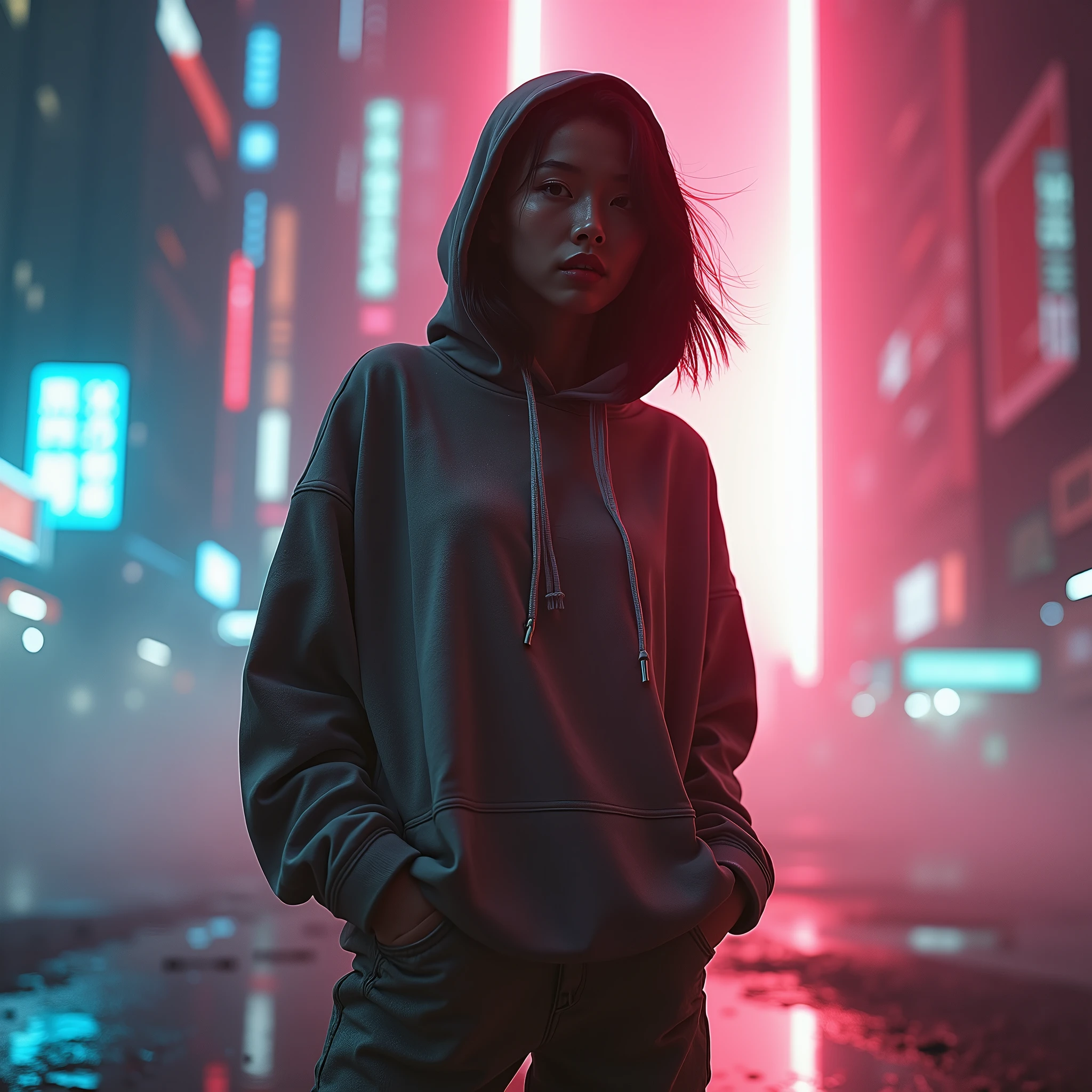 Masterpiece, 4K wallpaper, Masterpiece sci-fi cyberpunk city, fantasy sci-fi, neon glow lights city, ( Subject ( 1girl, A cute japanese women with beautiful hair, wearing an youth stylist oversized hoodie fashion, yellow, black and white stylist fashion, jumper hoodie and short solid cotton trousers, the hoodie stylist masterpiece.))
( Pose (Relaxed, with dance pose, masterpiece. Medium breast.))
( Setting (ultra realistic, sci-fi theme, A mystic environment, cyberpunk city with neon glow lights and a glow light portal.))
( Face ( absolute detail of face masterpiece, detail skin pores masterpiece, oil skinny, beautiful japanese girl, detail of face.))
( Perfect human body, perfect human fingers)
( Lighting (Dramatic side lighting with a warm and cool light masterpiece, sunlit glow and light rays, masterpiece object lighting and detail.))
(detail of wearing masterpiece), rahnday style photography, the sense of photography), sea art infinity.
( Style (Hyper-realistic, cinematic, with a focus on detail and texture, octan render 4K quality masterpiece.))
( Technical Specifications (Shot from a medium long shot, below-up perspective, with a Fujifilm XT-4 with Fujinon 50mm lens at f/1.2.))
(((Additional Notes)
( Focus on Key Elements (Emphasize the woman, her clothing, and the dramatic city backdrop.))
( Visual Effects (Include cinematic grains, falling glow particles, and a blurred background with fog.))