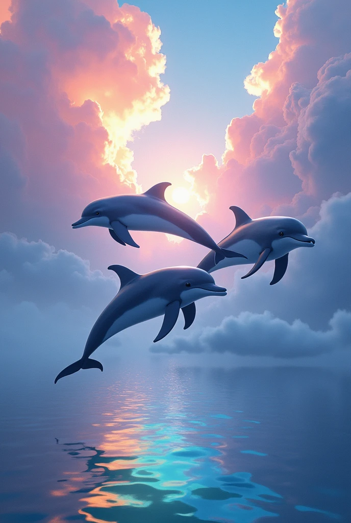 Dolphins fly in the sky with rainbow water and beautiful rainbow clouds.