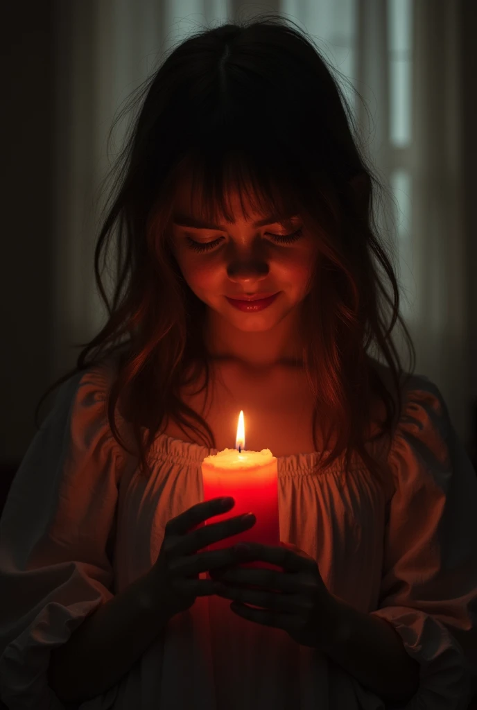 Girl, hold a candle, drakness, ghost girl, not smile, orange light, red light behind her