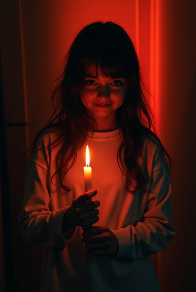 Girl, hold a candle, drakness, ghost girl, not smile, orange light, red light behind her