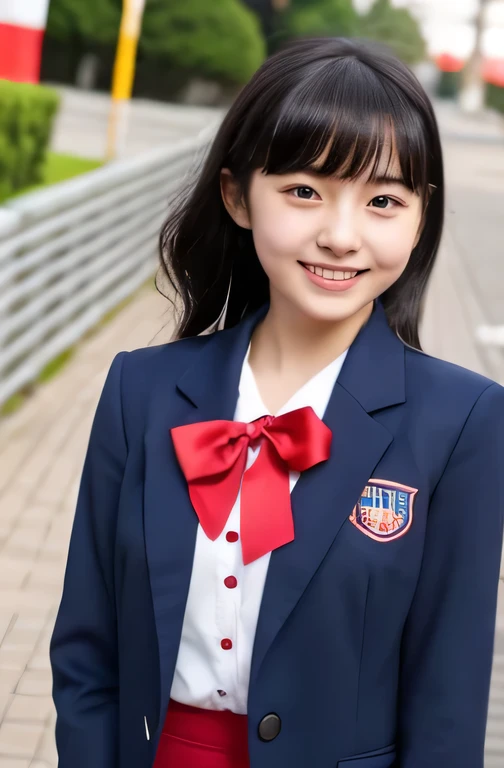 Beautiful girls、Navy blue blazer uniform、Black-haired、School、evening、、Red ribbon on chest,whole body,Japanese,smile,