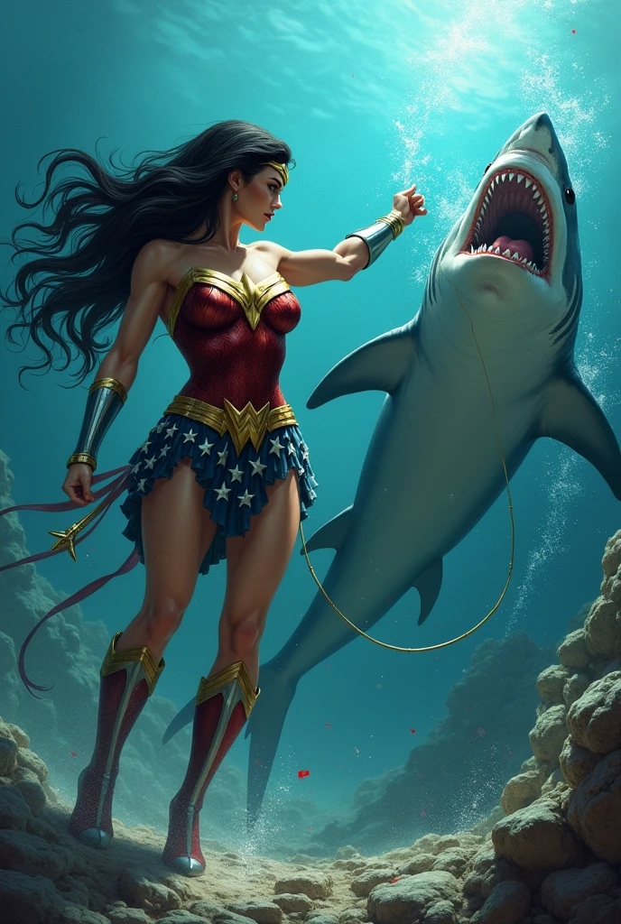 Wonder woman, big breasts, perfect body, Busty, ocean floor, underwater, Fighting with Shark, power, blood, Kick, Attack, lasso of truth
